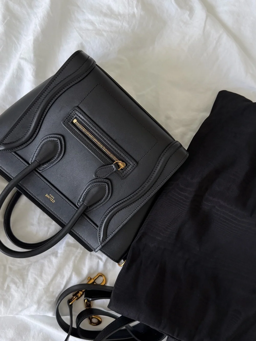 Celine Black Leather Mini Luggage Satchel with Gold Hardware